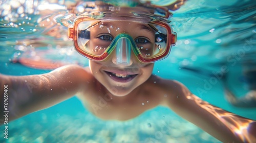A young child with a big smile wearing red goggles swimming underwater with bubbles around. © iuricazac