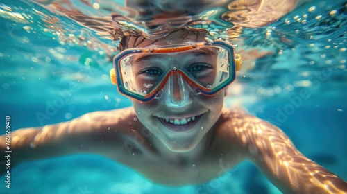 A young boy with a joyful expression wearing snorkeling gear submerged in clear blue water.
