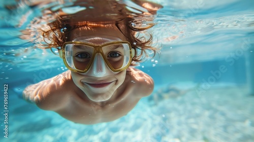 A young person with brown hair wearing goggles smiling underwater in a swimming pool.