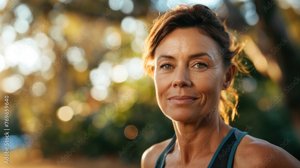 A woman with a radiant smile standing in a natural setting with blurred trees and sunlight creating a bokeh effect in the background. A woman with a radiant smile standing in a natural setting with blurred trees and sunlight creating a bokeh effect in the background.