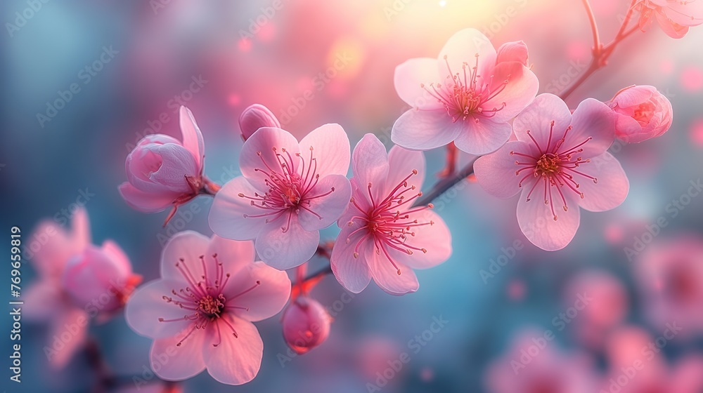 close up macro spring cherry flowers blossom, dreamlike cheerful springtime atmosphere, Generative Ai close up macro spring cherry flowers blossom, dreamlike cheerful springtime atmosphere, Generative Ai