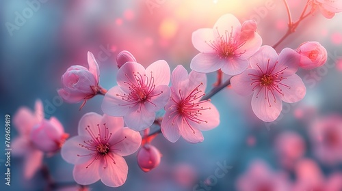 close up macro spring cherry flowers blossom, dreamlike cheerful springtime atmosphere, Generative Ai