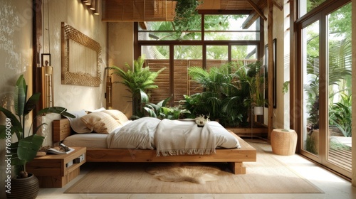 Modern Bedroom With Bed and Plants © Prostock-studio