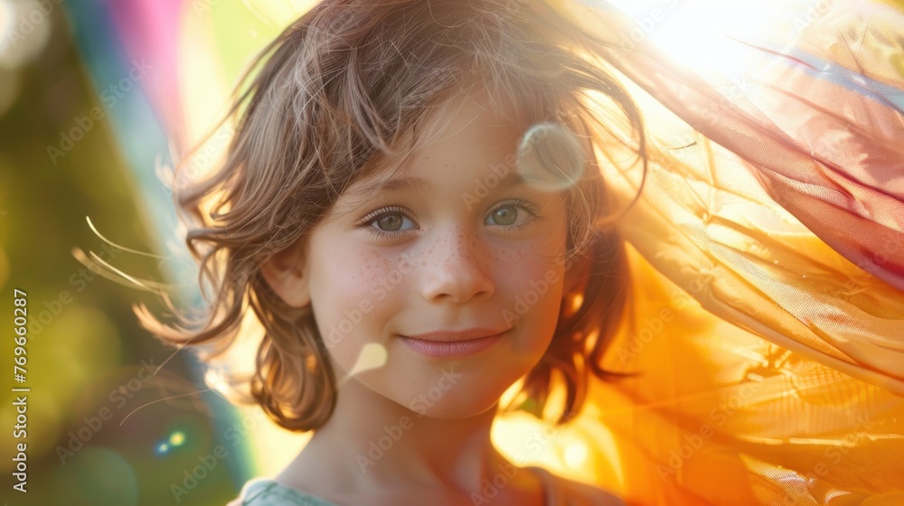Fototapeta premium A young girl with freckles smiling with sunlit hair and a colorful kite in the background.