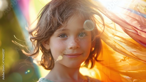 A young girl with freckles smiling with sunlit hair and a colorful kite in the background.
