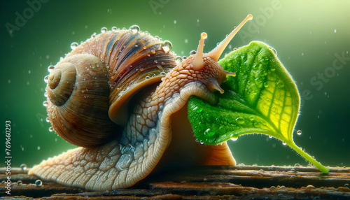 Snail Eating a Leaf , macro photography , natural background.