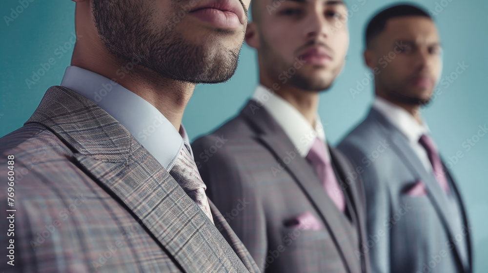 Three business suits, worn by office workers, are neatly lined up in a row, showcasing professional attire Three business suits, worn by office workers, are neatly lined up in a row, showcasing professional attire