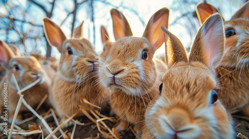 Multiple rabbits sitting close to each other in a group © Anoo
