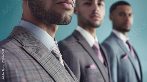Three business suits, worn by office workers, are neatly lined up in a row, showcasing professional attire photo