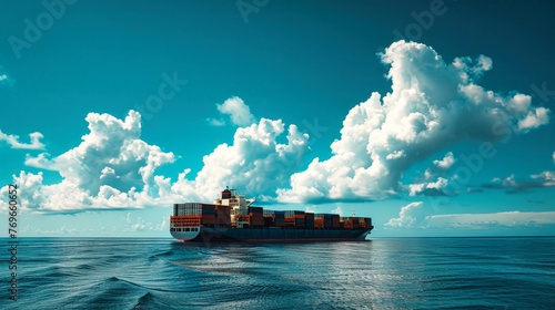 A large cargo ship carrying containers sails through the vast ocean