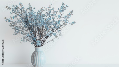 vase with tiny blue flowers on a white background with copy space.