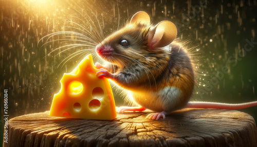 Mouse with Cheese , macro photography , natural background.