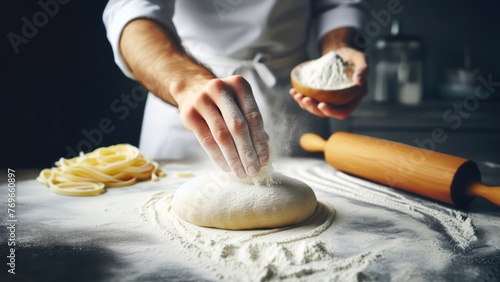 Male hands kneading dough on table with flour, closeup