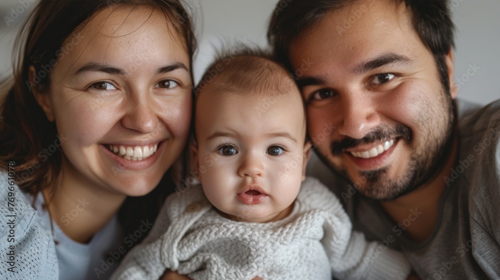 A happy family of three with a smiling mother a proud father and a curious baby all posing for a portrait. A happy family of three with a smiling mother a proud father and a curious baby all posing for a portrait.