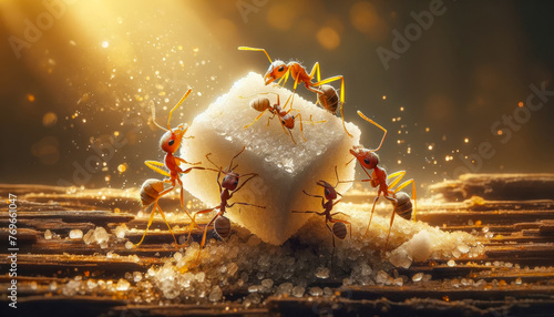 Ants on a Sugar Cube , macro photography , natural background.