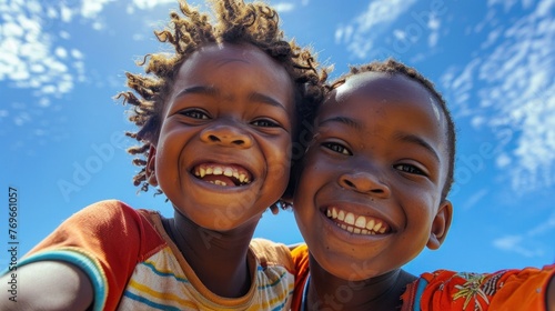 Two young children with bright smiles one with curly hair the other with straight hair against a clear blue sky with a few clouds.
