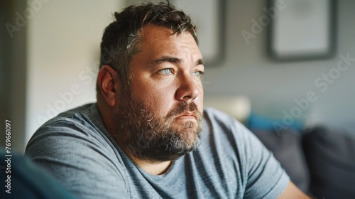 Man with beard and blue eyes wearing a gray t-shirt sitting in a living room with a blurred background.