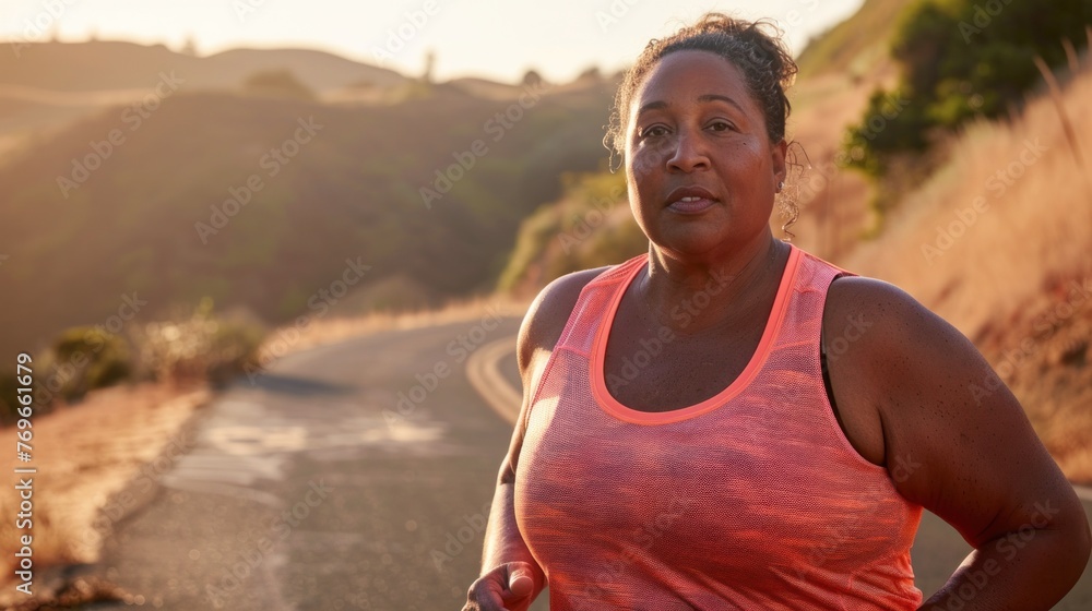 A woman in an orange tank top jogging on a road with a scenic mountain backdrop during sunset.