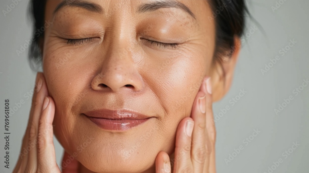 A woman with closed eyes smiling and gently massaging her cheeks with her hands conveying a sense of relaxation and self-care. A woman with closed eyes smiling and gently massaging her cheeks with her hands conveying a sense of relaxation and self-care.