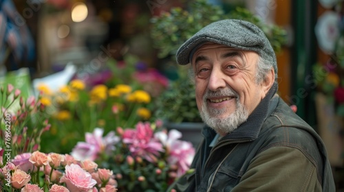 An elderly man with a gray cap smiling sitting in front of a vibrant display of colorful flowers.