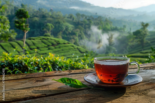 Cup of hot tea and tea leaf on the wooden table and the tea plantations background
