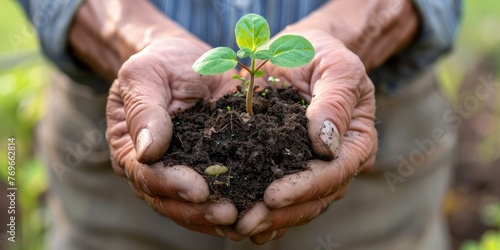 A close-up of hands holding a seedling ready for planting. 