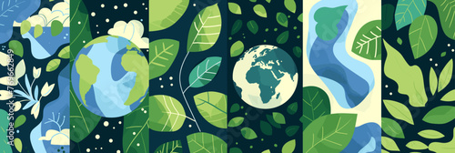 illustration of modern and eco-friendly Earth Day posters with geometric patterns and natural elements.