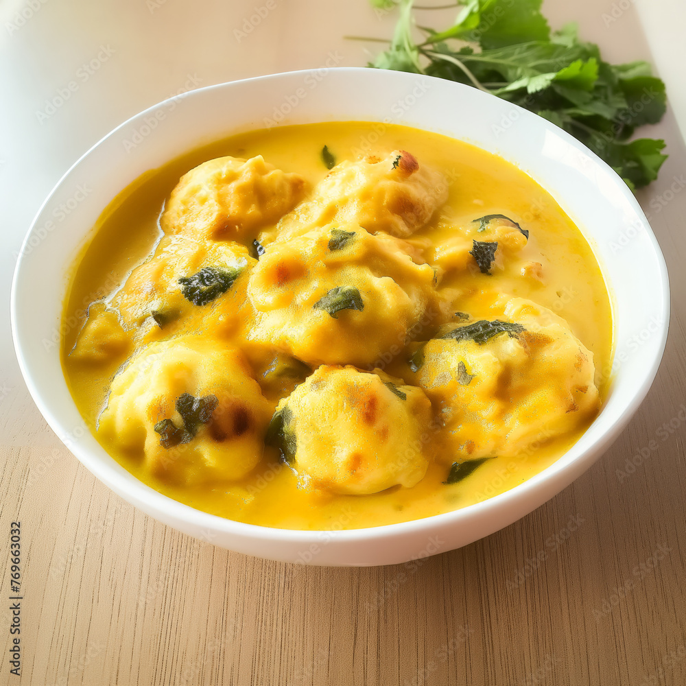 Kadhi Pakora, a flavorful Punjabi dish with deep-fried fritters in tangy yogurt curry, served in a white flat bowl. Kadhi Pakora, a flavorful Punjabi dish with deep-fried fritters in tangy yogurt curry, served in a white flat bowl.