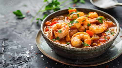 A bowl of shrimp stew with vegetables garnished herbs on a dark textured table.