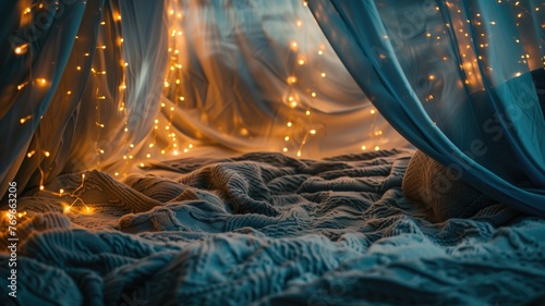 A cozy bedroom setup with twinkling fairy lights draped over flowing sheer curtains and plush bedding.