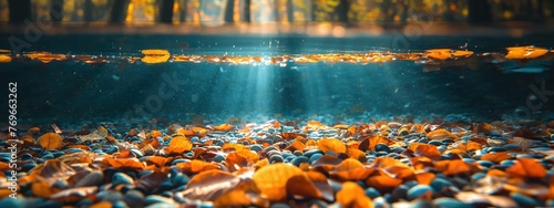 fallen leaves fall down into river floor, crystal clear water, underwater scenery, beautiful nature background, Generative Ai