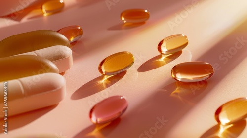 Multi vitamin vitamin capsules on pink background with sunlight maintaining health and boosting immunity. photo