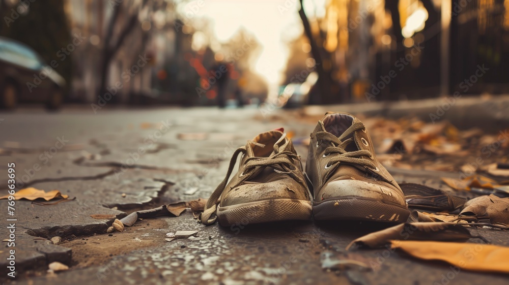 A pair of worn-out shoes on a street covered with autumn leaves at dusk. - obrazy, fototapety, plakaty 