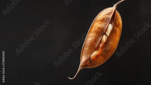 A single brown, dried pod with seeds visible, against a dark background.