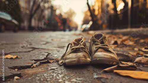 A pair of worn-out shoes on a street covered with autumn leaves at dusk. photo