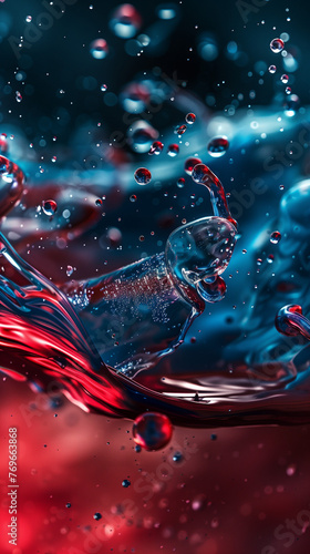 Close-up liquid in dark blue and purple red. AI Generated