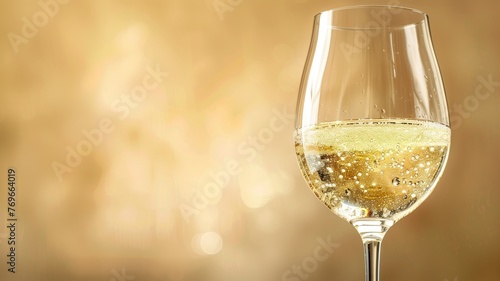Close-up of sparkling wine in a glass with bubbles against blurred golden background.