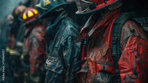 A group of firefighters are standing in a line, all wearing red jackets