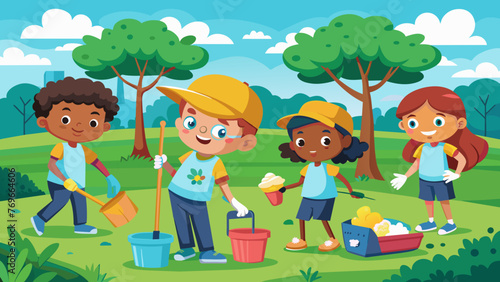 a vector illustration of kids volunteering cleanin 