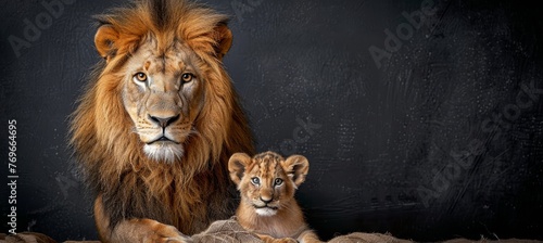 Male lion and cub portrait with object, spacious composition for text on the left side