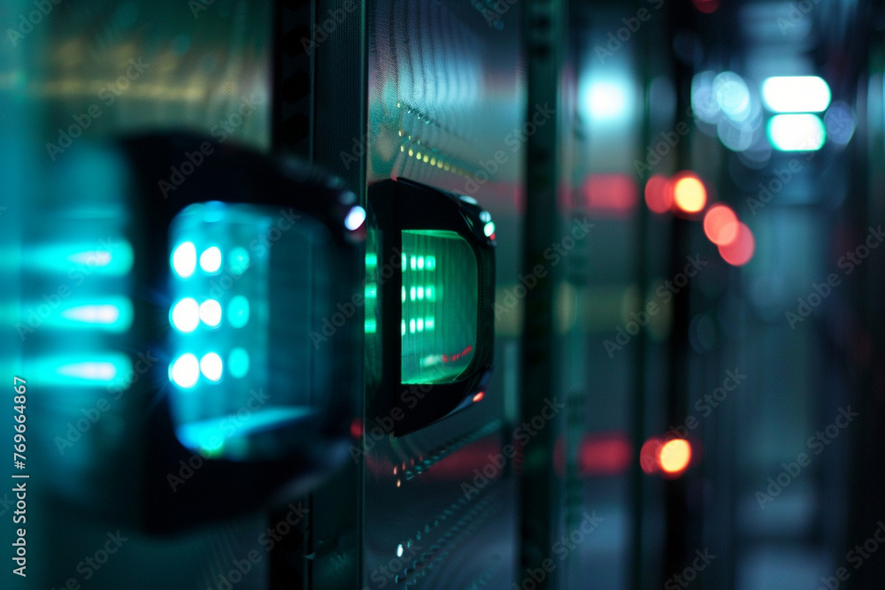close-up photo highlighting the sleek LED indicators on server racks in a data center, with soft ambient light illuminating their functionality and modern design, photo