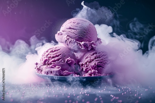 Enchanting Vibrant Purple Ice Cream Scoops Surrounded by Mystical Dry Ice Smoke on Dark Background photo