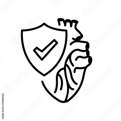 Heart protection is a black line icon. Safety human. A shield is a symbol of protection of the human heart. Healthcare concept. Vector illustration flat design. Isolated on a white background.
