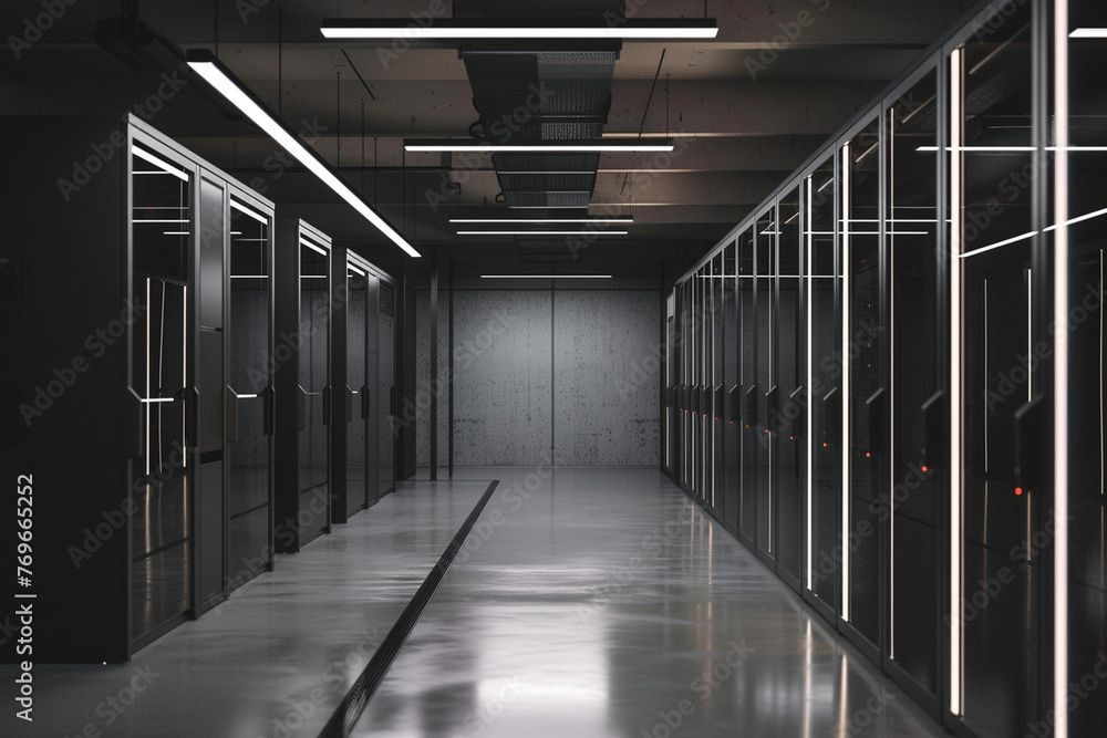 minimalist shot showcasing the sleek industrial design of server racks in a data center, with clean lines and matte finishes contributing to the overall aesthetic appeal of the spa