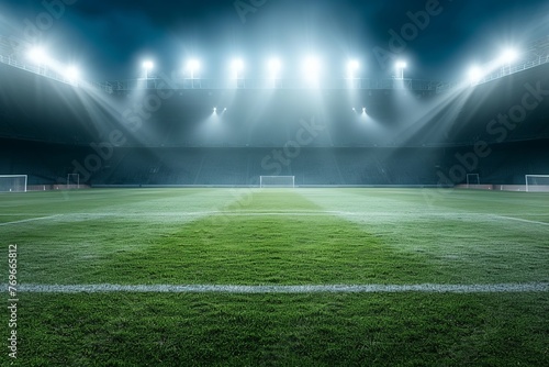Soccer stadium at night with empty green lawn and spotlight. Football championship banner © Maksim