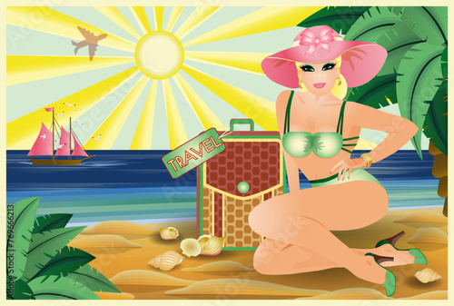 Travel Pinup girl with bag, vip invitation card, vector illustrationint