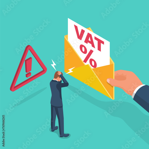 VAT payment. Vat receipt in envelope. Data analysis, paperwork, financial research, report. Sad man who received a tax. Calculation tax government, state. Flat design vector illustration.