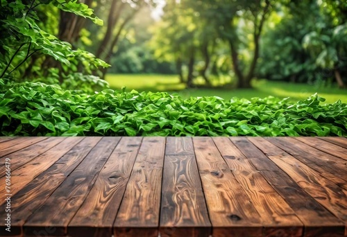 Empty wooden table against the green nature. Advertising background for organic product demonstration