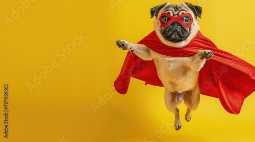 superhero dog, Cute pug with a red cloak and mask jumping and flying on yellow background with copy space. 