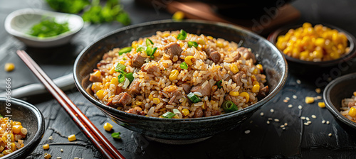 fried rice with pork sliced and corn in Japanese style